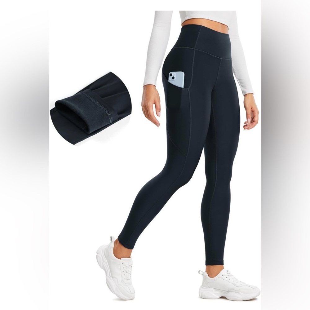 CRZ YOGA Fleece Lined Leggings Navy Pockets 28" - Thermal  Sz 0 NWT
